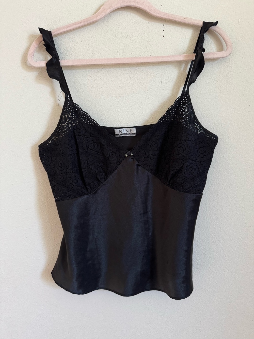 Vintage 90s Black Lace Satin Camisole ruffle sleeve size L